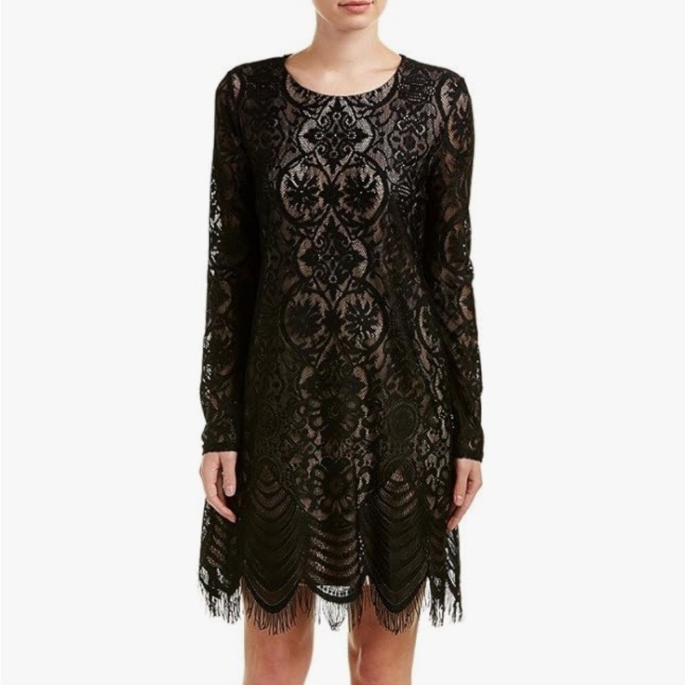 NWT BCBGMAXAZRIA Marae Black Lace Fringe Shift Dress XS long sleeve lined